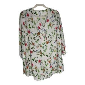 Rose + Olive Women Size-1X Chiffon White‎ Folral 3/4 Sleeve V Neck Blouse